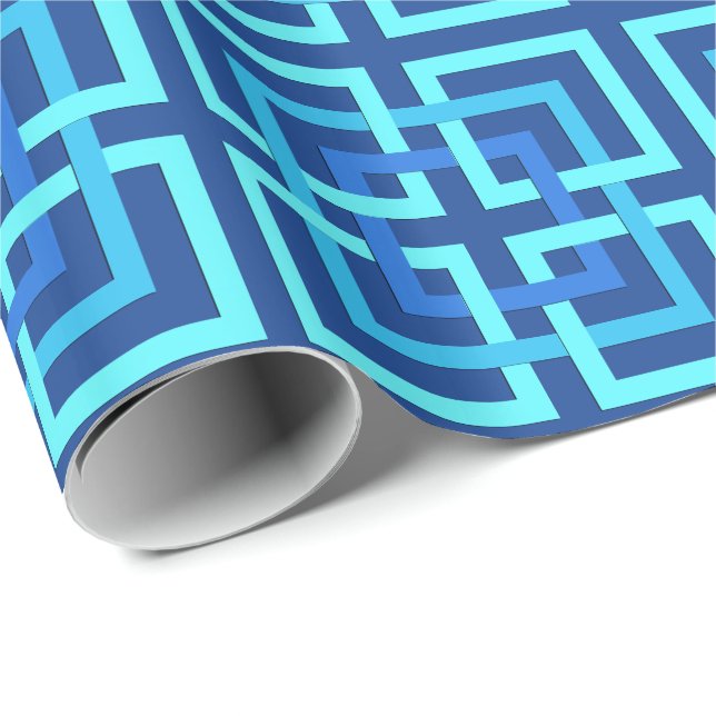 Papel De Presente Quadrados Geométricos Modernos, Cobalto e Azul-Céu (Ponta do rolo)