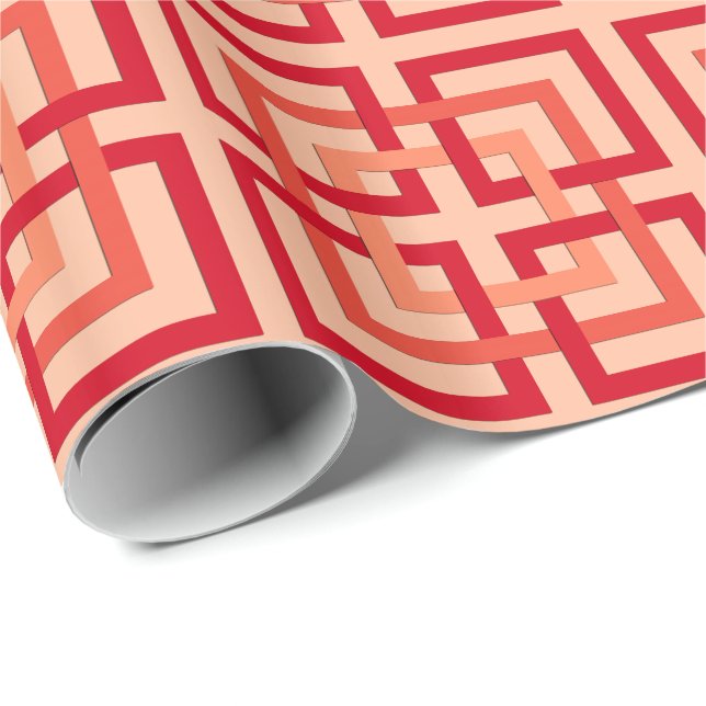 Papel De Presente Quadrados Geométricos Modernos, Laranja Coral e Ma (Ponta do rolo)