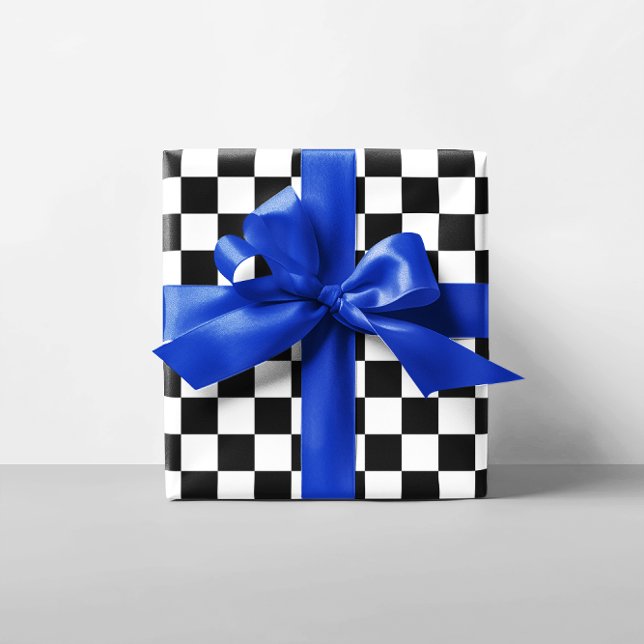 Papel De Presente Quadrados marcados a preto e branco (Black and White Checkered Squares Wrapping Paper)