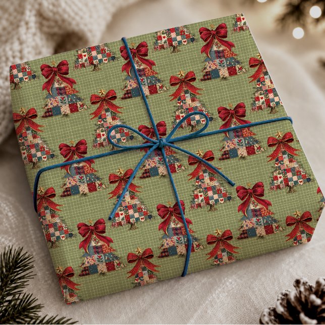 Papel De Presente Quadrados Verdes de Natal em Patchwork Coquette (Criador carregado)