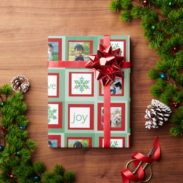 Papel De Presente Quadrados Vermelhos e Verdes de Foto Personalizado (Presente de Natal)