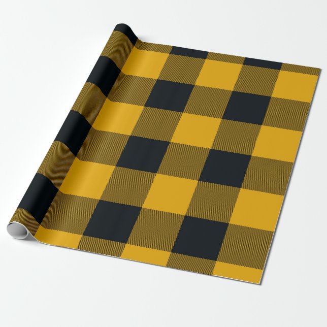 Papel De Presente Quadrados Xadrez Amarelo e Preto Buffalo Plaid (Desenrolado)