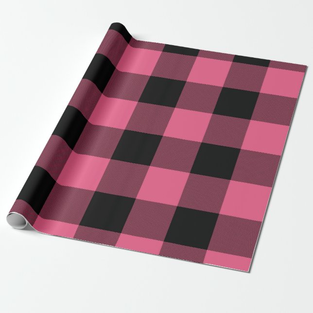 Papel De Presente Quadrados Xadrez Rosa e Preto Buffalo Plaid (Desenrolado)