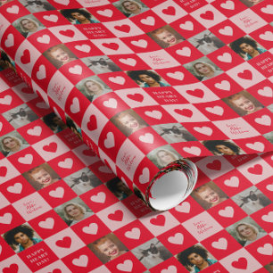 Papel De Presente Quadro de Verificação de Coração Rosa Vermelho com