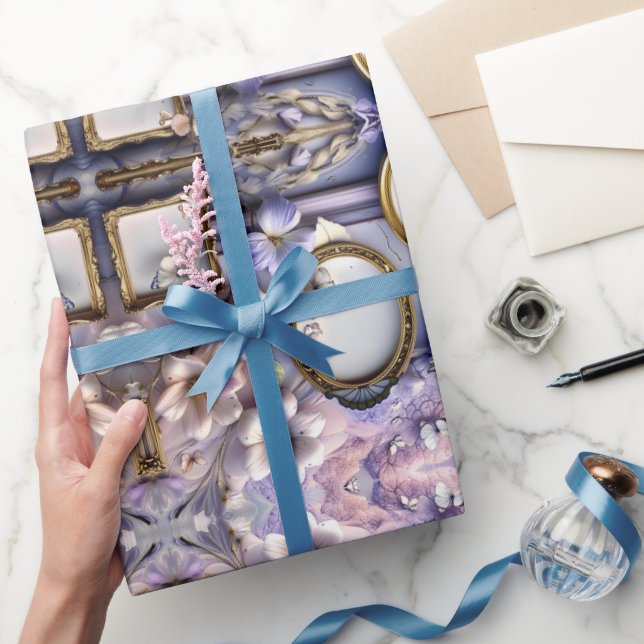 Papel De Presente Quadros Florais de Lavanda com Acentos em Dourado  (Presentear)