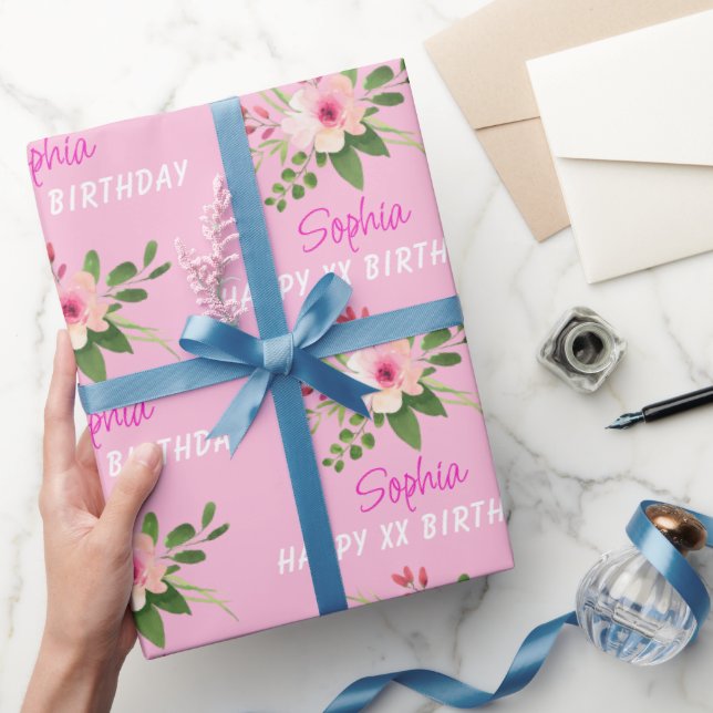 Papel De Presente Qualquer Aniversário, Nome, Flor Aquarela Rosa (Presentear)