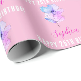 Papel De Presente Qualquer Aniversário, Nome, Flor Aquarela Rosa e A