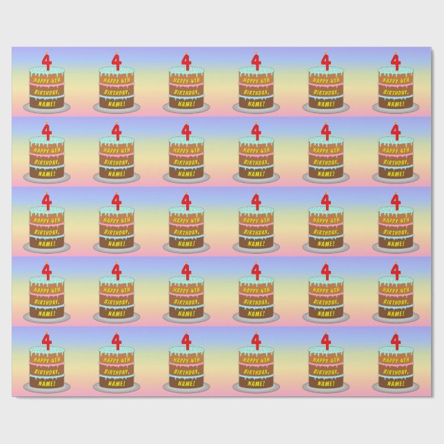 Papel De Presente Quarto aniversário: Bolo e Vela Divertidos + Nome  (Aberto)