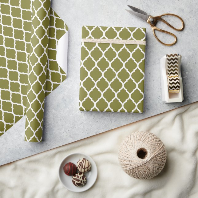 Papel De Presente Quatrefoil de Azeite Verde e Branco de Marrocos (Artesanato)