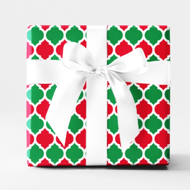 Papel De Presente Quatrefoil de Natal Vermelho e Verde (Bright Red and Green Christmas Quatrefoil Wrapping Paper)