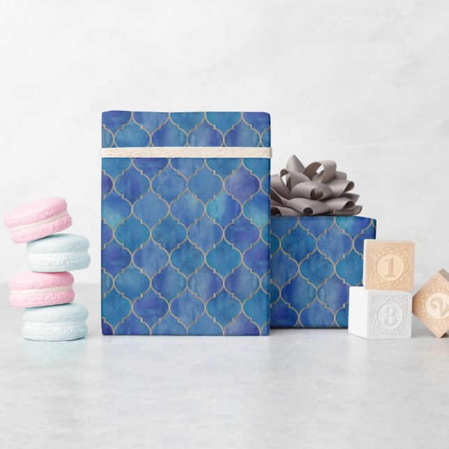 Papel De Presente Quebra de Azulejo em Marrocos Azul e Dourado (Chá de bebê)