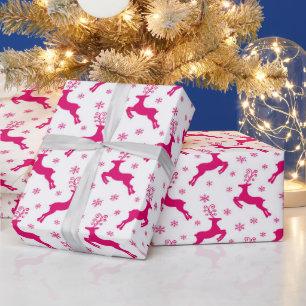 Papel De Presente Quente Branco e Rosa Inverno Natal Rena