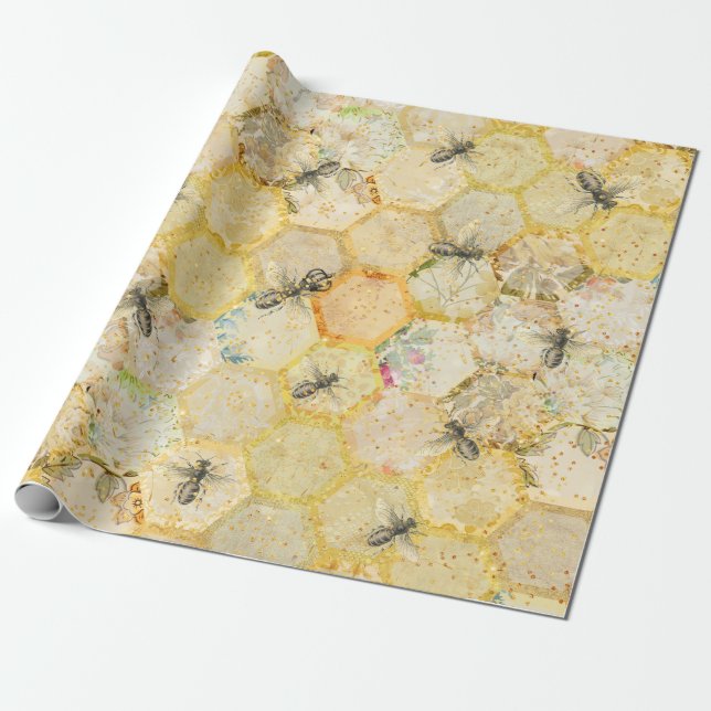 Papel De Presente Querida Rainha Bee Floral Honeycomb Dourado (Desenrolado)