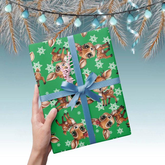 Papel De Presente Querida Veado, Fawn, Doe, Reindeer 🦌 🎄 Floco de  (Cute Baby Floral Deer, Fawn, Doe Lover Reindeer Antlers Snowflake Pattern Green Wrapping Paper 🦌 🎄)