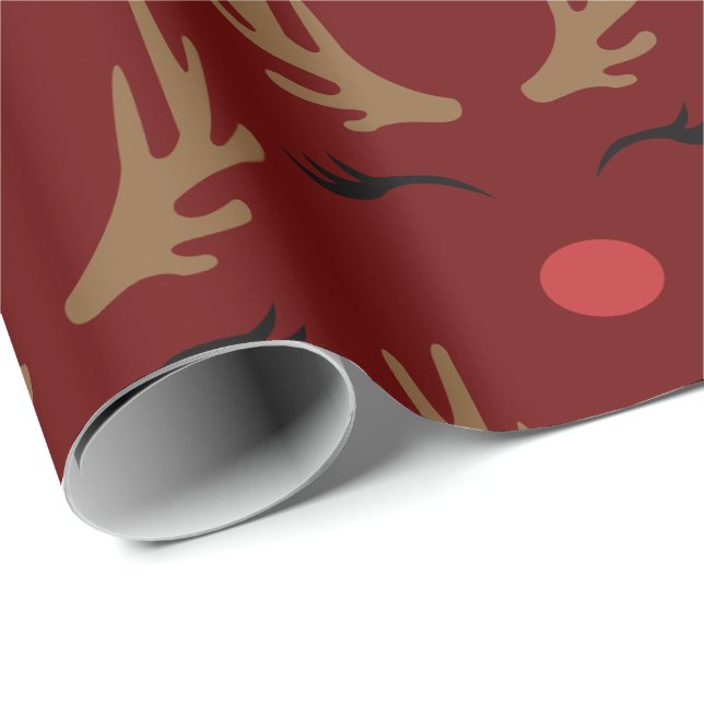 Papel De Presente Quiristmas de renas bonitas de fundo vermelho (Ponta do rolo)