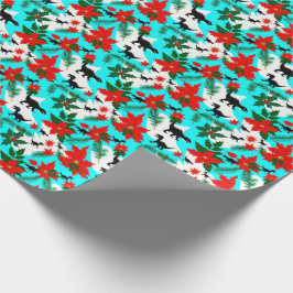 Papel De Presente Quirky Black Dinossauros e Poinsettias no Natal