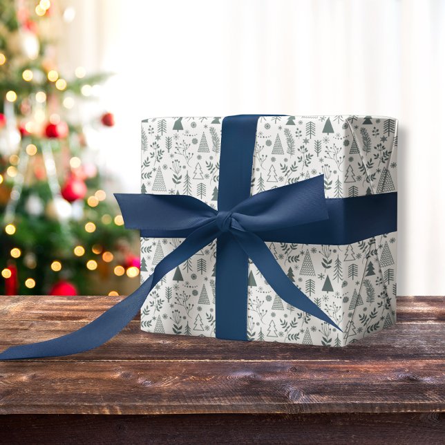 Papel De Presente Rabanete - Escandinávia - Natal Azul (Doodle Scandinavian trees Blue Christmas Wrapping Paper)