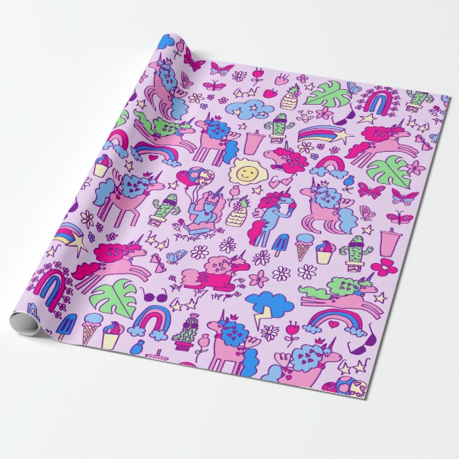 Papel De Presente rabisco arco-íris unicorn pegasus (Desenrolado)