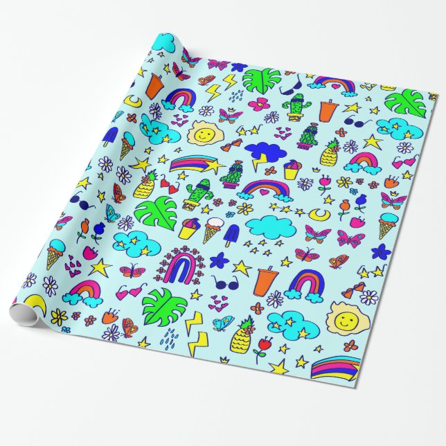 Papel De Presente rabisco do abacaxi do cacto do arco-íris (Desenrolado)