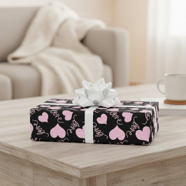 Papel De Presente Rabiscos Caprichosos de Coração Rosa Escrita de Am