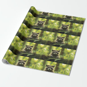 Papel De Presente Raccoon Adorável e Pequim de Sapo sobre Mossy Log 
