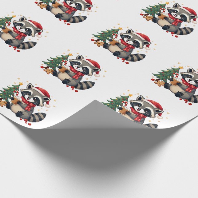 Papel De Presente Raccoon Vestindo Papai Noel Para Férias De Natal (Ponta)