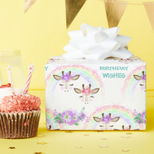 Papel De Presente Rainbow Giraffe Enfrenta Aniversário
