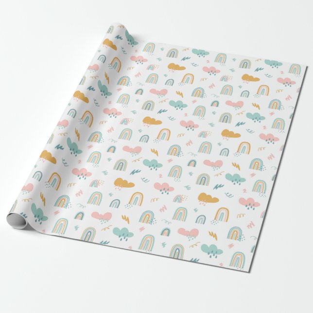 Papel De Presente Rainbow & Rain Cloud Patterno (Desenrolado)