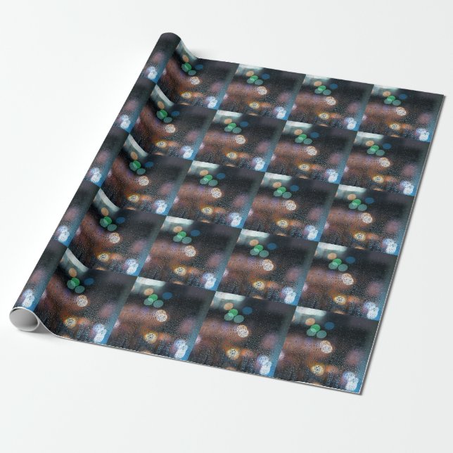 Papel De Presente Raindrops, cidade noturna: janela. (Desenrolado)
