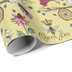 Papel De Presente Rainha Abelha Elegante Floral Amarela do Dia das M