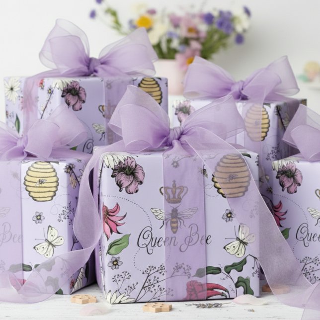 Papel De Presente Rainha Abelha Floral Elegante (Elegant Queen Bee Wrapping Paper for Her. Lavender Bridal Shower Gift Wrap. Botanical Floral Pattern)