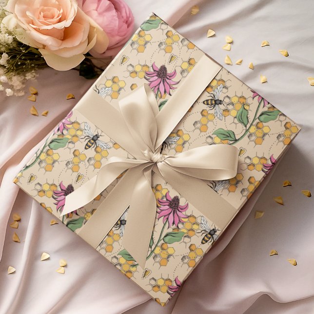 Papel De Presente Rainha Abelha Romântica Dourada, Mel e Flores (Elegant Hand-Drawn Buzzing Queen Bee, Honeycomb & Pink Exotic Flower Gift Wrap for Nature Lovers.)