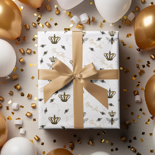 Papel De Presente Rainha Elegante Abelha Coroa Dourada Branca