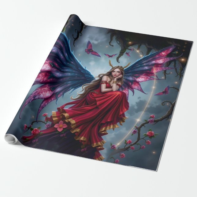 Papel De Presente Rainha Fada de Fantasia Sombria com Asas de Borbol (Desenrolado)