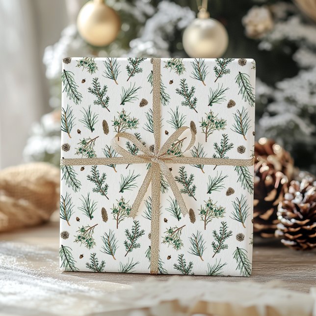 Papel De Presente Ramais de pinheiro verde e Natal de Pinecone (Criador carregado)