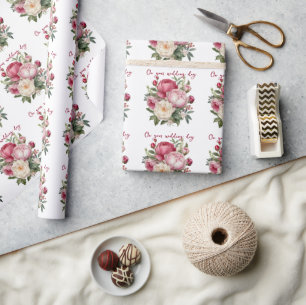 Papel De Presente Ramalhete de Peônias Rosa, Vermelho e Branco para 
