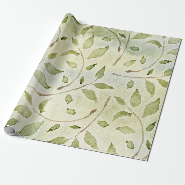 Papel De Presente Ramificações de Aquarela com Design de Folhas Verd (Desenrolado)