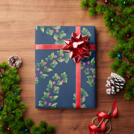 Papel De Presente Ramificações de Berry Vermelho e Verde Azul