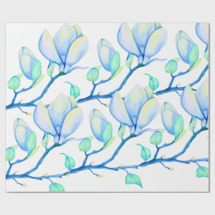 Papel De Presente Ramo de Magnólia em Aquarela Azul Verde Botânico
