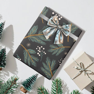 Papel De Presente Ramo de Pinheiro Elegante Natal Preto 
