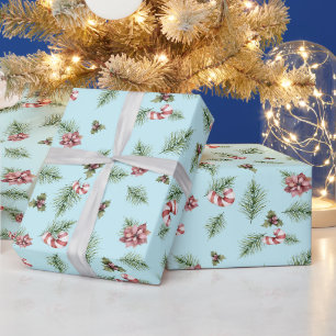 Papel De Presente Ramos de Abeto em Aquarela de Natal, Cana de Açúca
