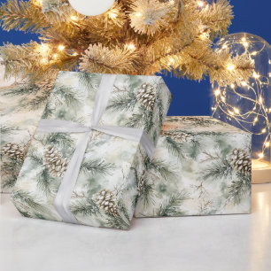 Papel De Presente Ramos de árvore de Natal verde pinhas