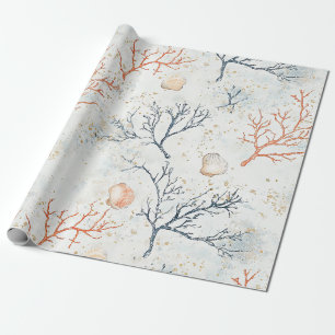 Papel De Presente Ramos de Coral Orgânico Moderno Bege Azul