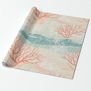 Papel De Presente Ramos de Coral Tropical em Azul Água e Pêssego