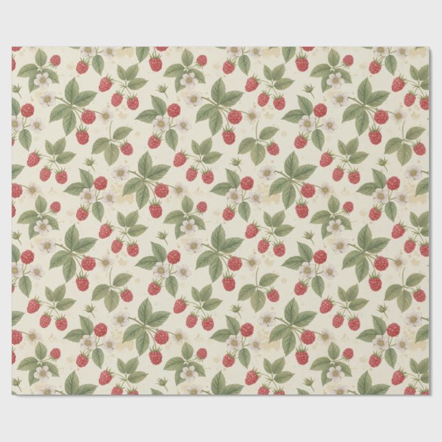 Papel De Presente Ramos de Frutas de Framboesa com Folhas e Flor  (Aberto)