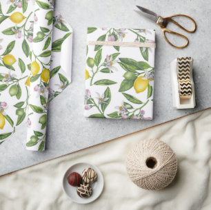 Papel De Presente Ramos de limão com flores e fruta em branco