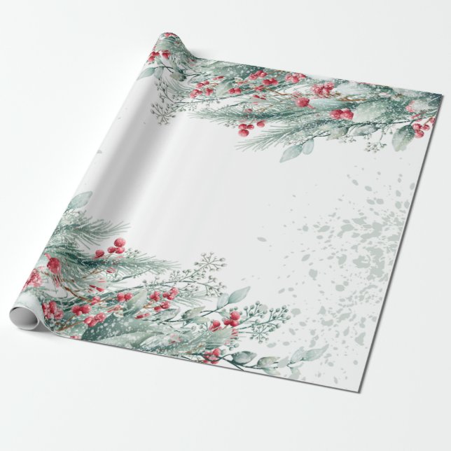 Papel De Presente Ramos de pinheiro bagas feriado (Desenrolado)