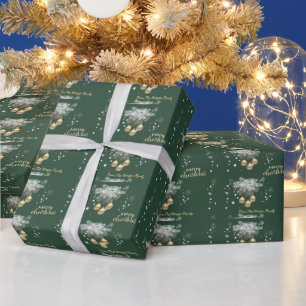 Papel De Presente Ramos de Pinheiro, Bolas Verdes Feliz Natal  