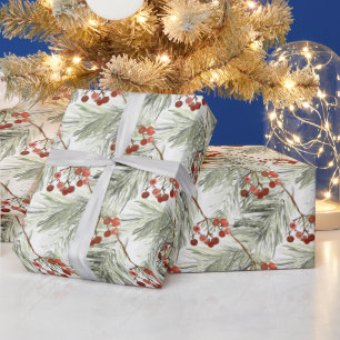 Papel De Presente Ramos de Pinheiro de Natal e Bagas Vermelhas  