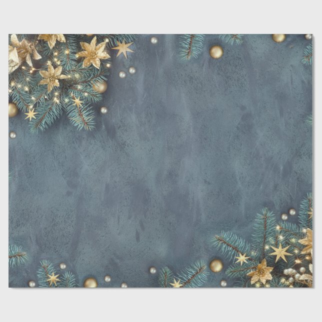 Papel De Presente Ramos de pinheiro de Natal, flores, estrelas (Aberto)
